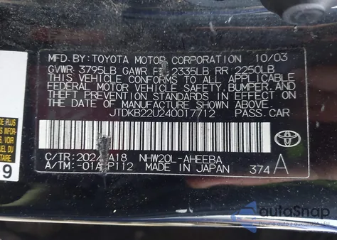 2004 Toyota Prius z USA, uszkodzony, nr VIN JTDKB22U240017712